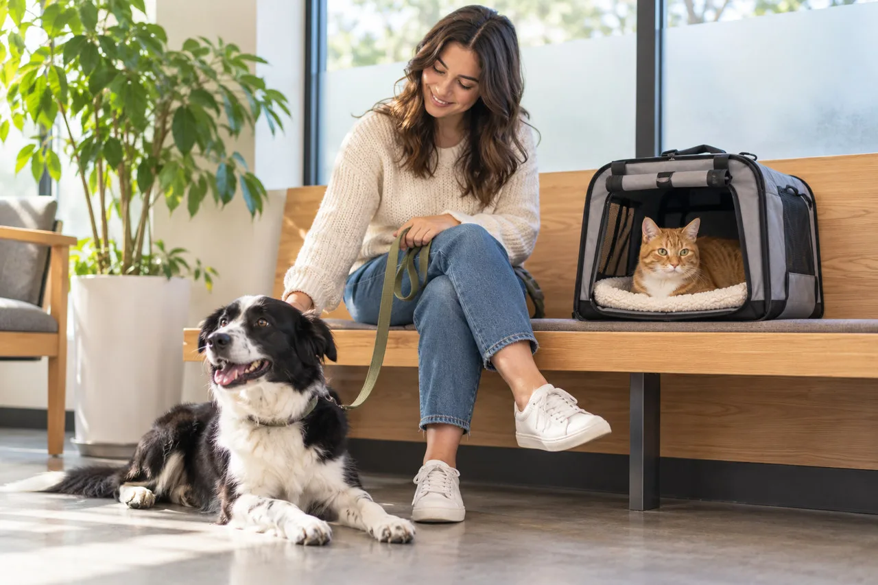 Owner seated with a black-and-white dog and an orange cat in a carrier
